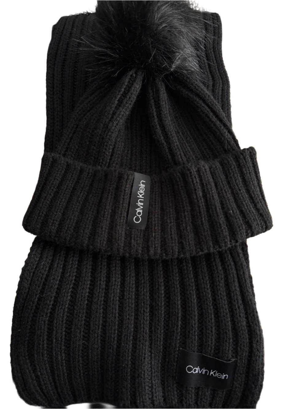 Calvin Klein Black Ribbed Knit Beanie with Faux Fur Pom and Scarf